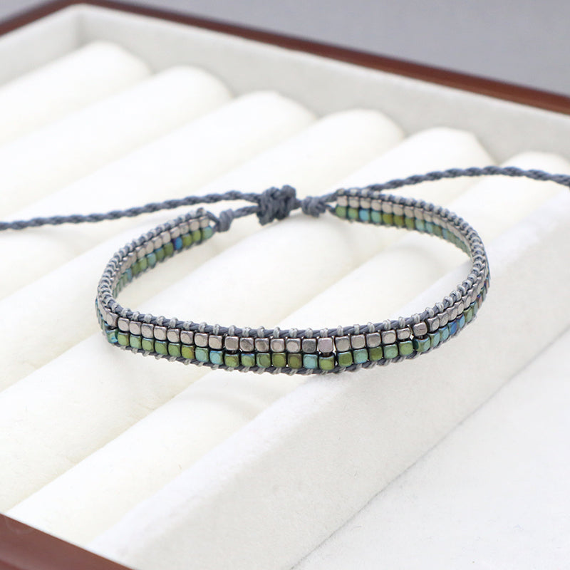 Good Quality OEM Wholesale Simple Design Custom Woven Best Friend Handmade Adjustable Double Rows Hematite Beads Bangle Bracelet