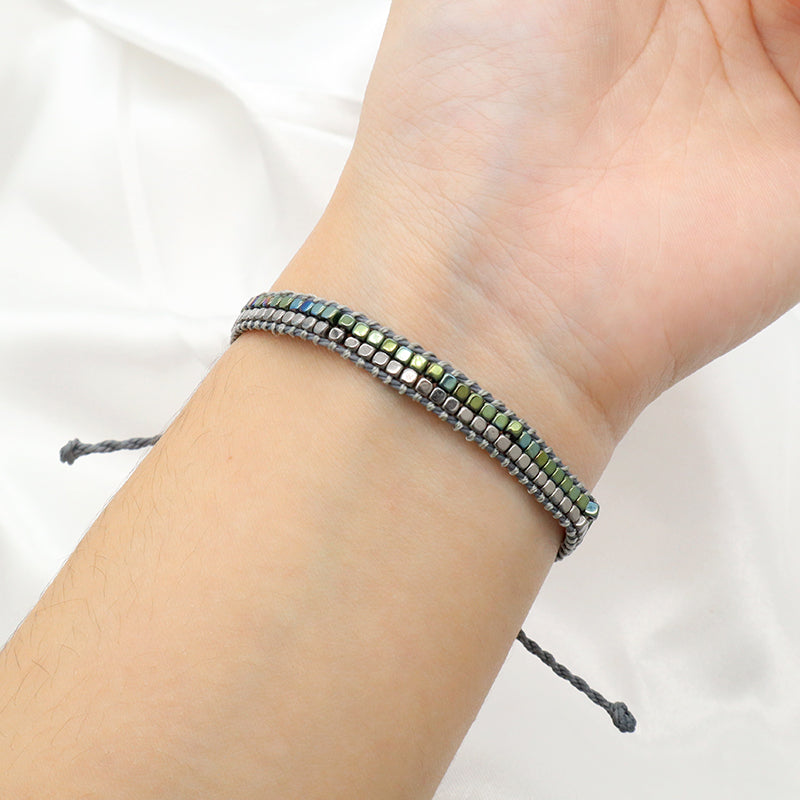 Good Quality OEM Wholesale Simple Design Custom Woven Best Friend Handmade Adjustable Double Rows Hematite Beads Bangle Bracelet