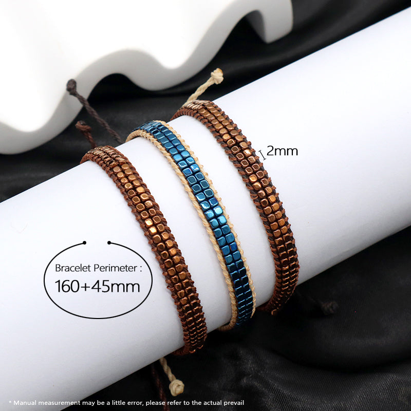 Custom OEM Woven Wholesale Simple Design Handmade Double Layers Adjustable Hematite Beads Bangle Bracelet