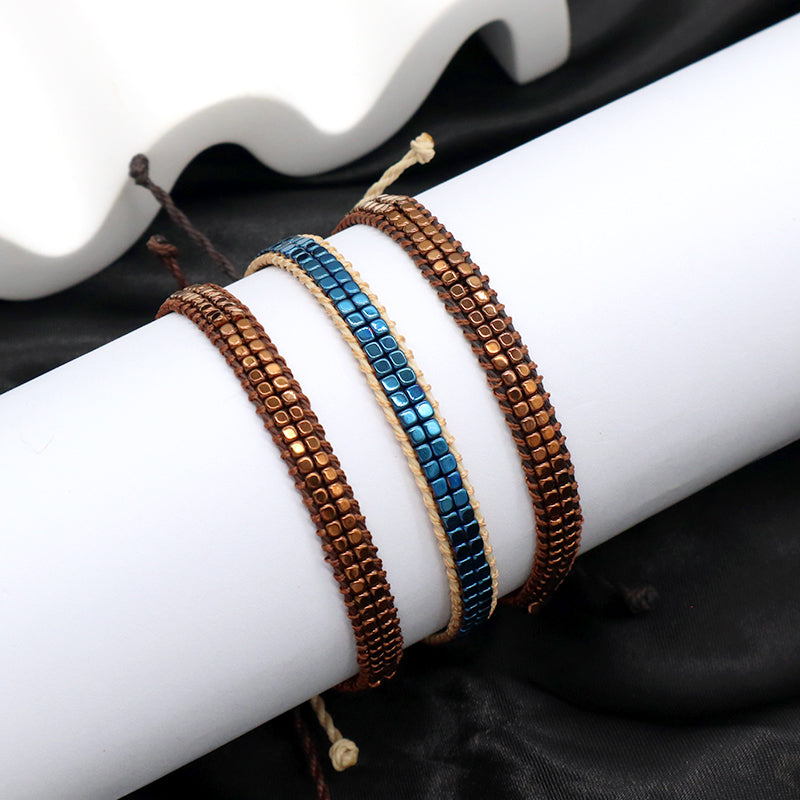 Custom OEM Woven Wholesale Simple Design Handmade Double Layers Adjustable Hematite Beads Bangle Bracelet