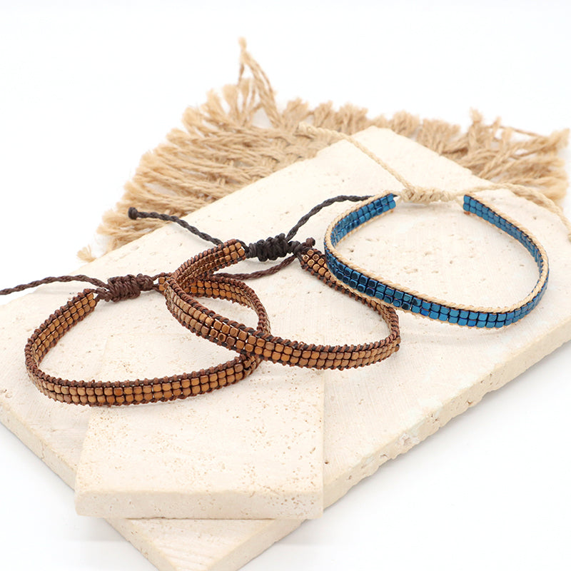 Custom OEM Woven Wholesale Simple Design Handmade Double Layers Adjustable Hematite Beads Bangle Bracelet