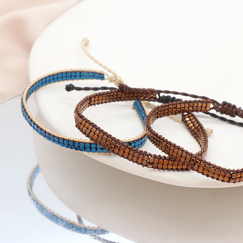 Custom OEM Woven Wholesale Simple Design Handmade Double Layers Adjustable Hematite Beads Bangle Bracelet