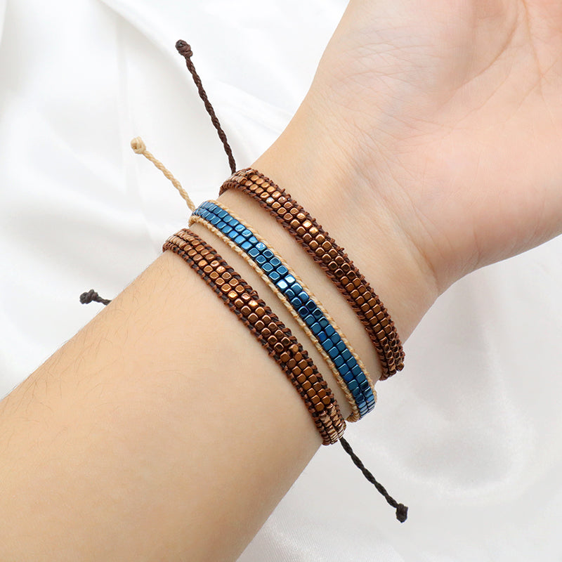 Custom OEM Woven Wholesale Simple Design Handmade Double Layers Adjustable Hematite Beads Bangle Bracelet