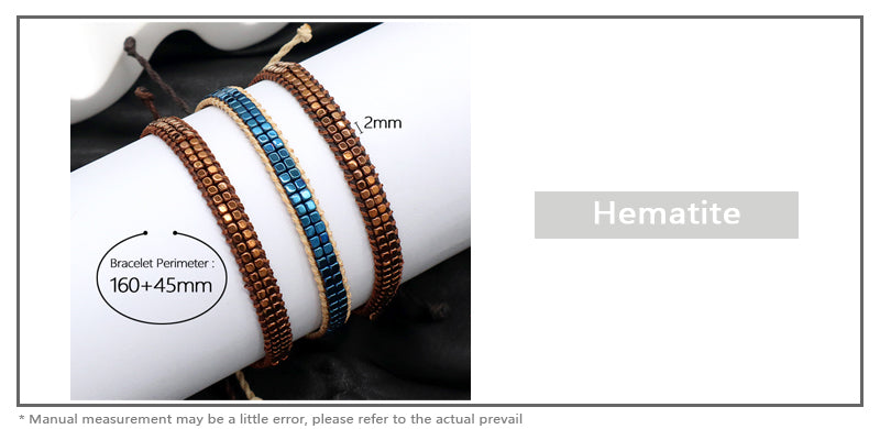Custom OEM Woven Wholesale Simple Design Handmade Double Layers Adjustable Hematite Beads Bangle Bracelet