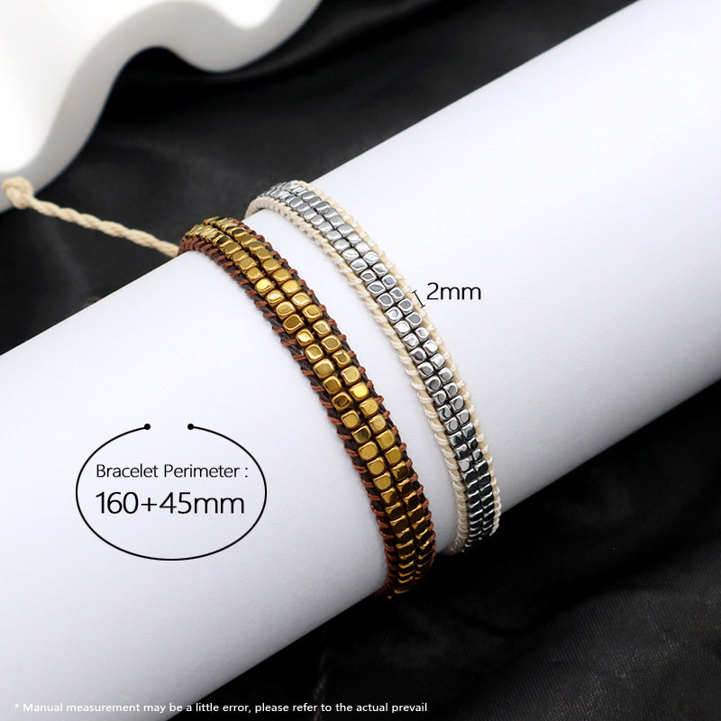 Simple Design OEM Custom Woven Best Friend Handmade Adjustable Double Layers Hematite Beads Bangle Bracelet