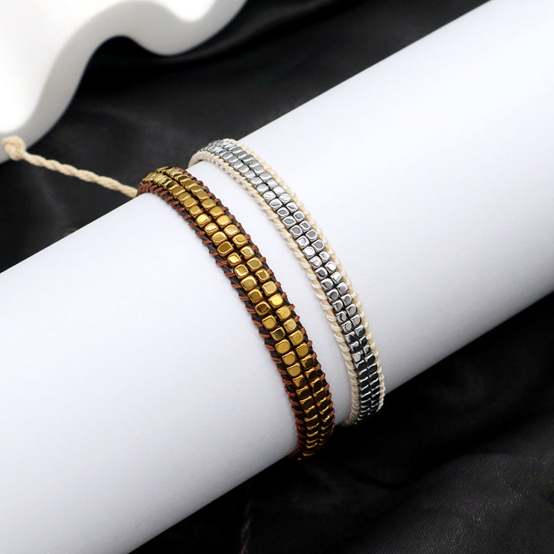Simple Design OEM Custom Woven Best Friend Handmade Adjustable Double Layers Hematite Beads Bangle Bracelet