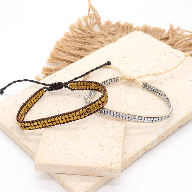 Simple Design OEM Custom Woven Best Friend Handmade Adjustable Double Layers Hematite Beads Bangle Bracelet