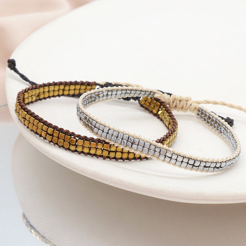 Simple Design OEM Custom Woven Best Friend Handmade Adjustable Double Layers Hematite Beads Bangle Bracelet