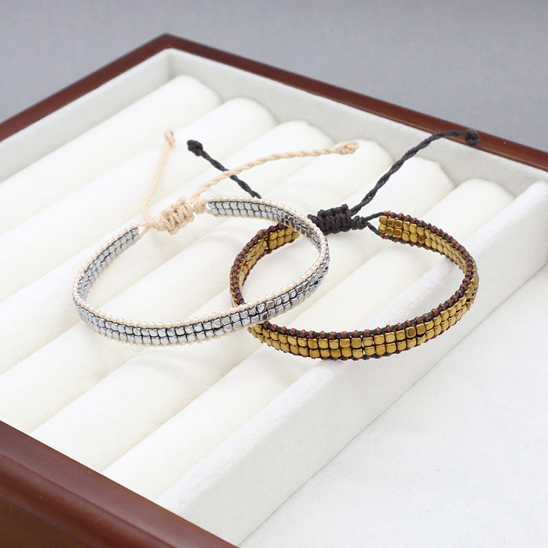 Simple Design OEM Custom Woven Best Friend Handmade Adjustable Double Layers Hematite Beads Bangle Bracelet