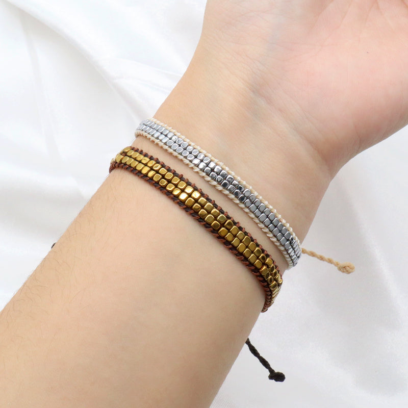 Simple Design OEM Custom Woven Best Friend Handmade Adjustable Double Layers Hematite Beads Bangle Bracelet