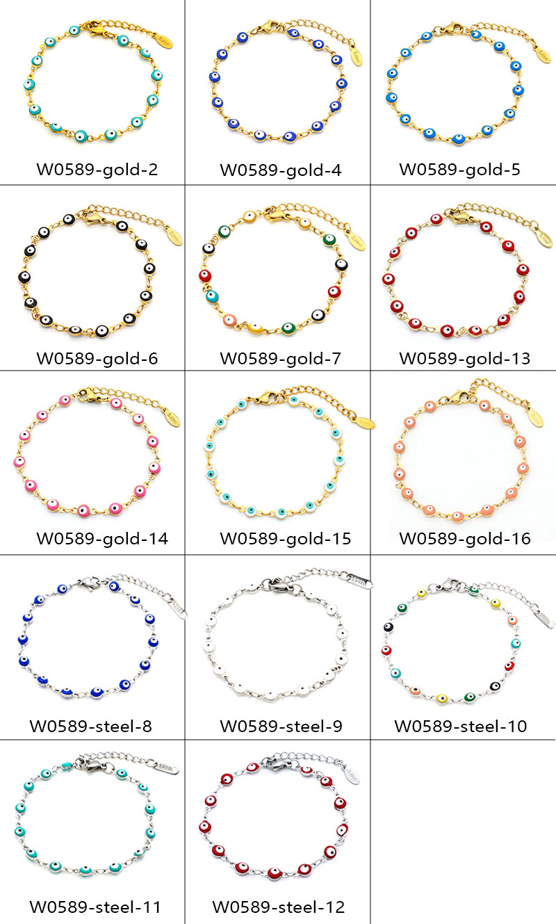 Handmade Customizable 4mm round enamel evil eyes stainless steel bracelet