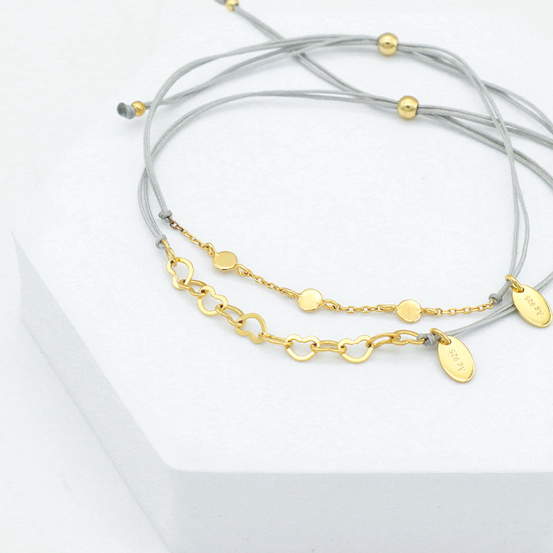 Classic Simply Style 925 Sterling Silver Small Rose-gold Gold Plated Heart Flower Love Charm Wax String Bracelet