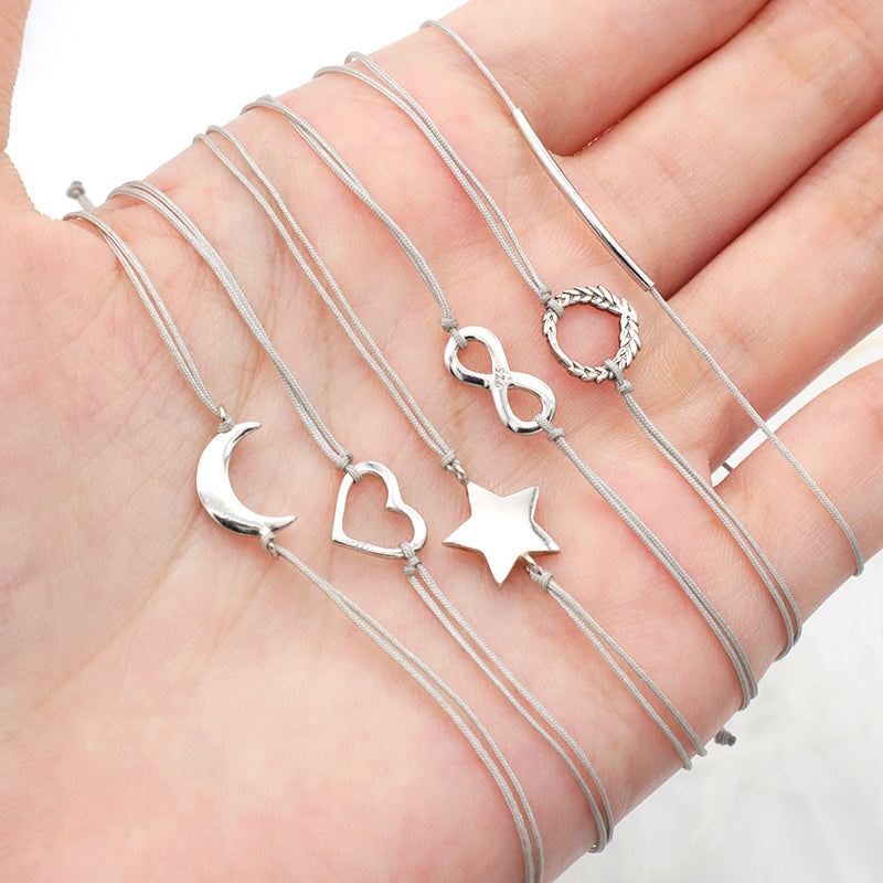 Custom Wholesale Simple Design Rhodium Plating Adjustable Cotton Wire 925 Sterling Silver Small Charms Bracelets