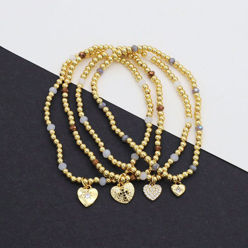 Custom Handmade Women Jewelry Gold Plated Bangles Heart Moon Cross Initial Letter Charm Brass Ball Glass Crystal Bracelets