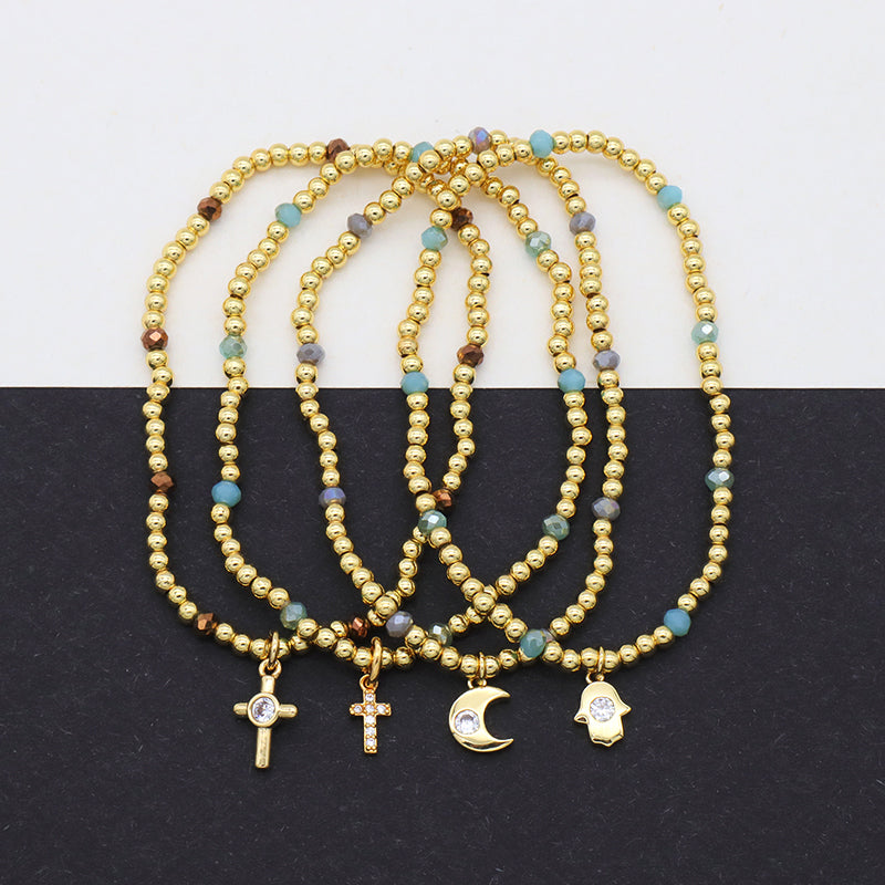 Custom Handmade Women Jewelry Gold Plated Bangles Heart Moon Cross Initial Letter Charm Brass Ball Glass Crystal Bracelets
