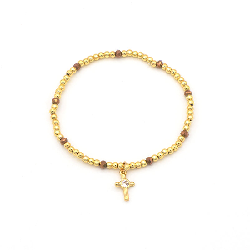 Custom Handmade Women Jewelry Gold Plated Bangles Heart Moon Cross Initial Letter Charm Brass Ball Glass Crystal Bracelets