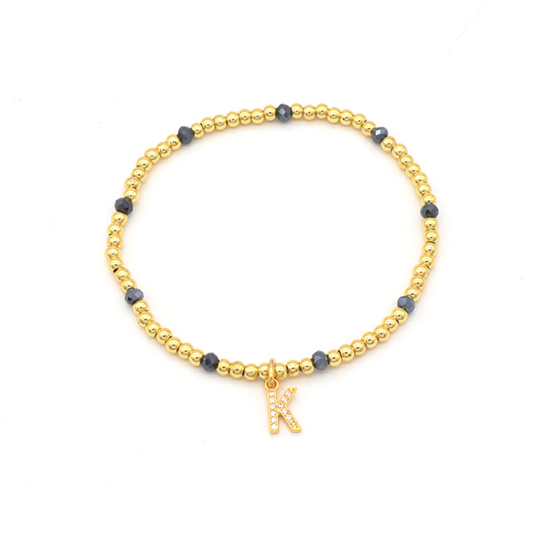 Custom Handmade Women Jewelry Gold Plated Bangles Heart Moon Cross Initial Letter Charm Brass Ball Glass Crystal Bracelets