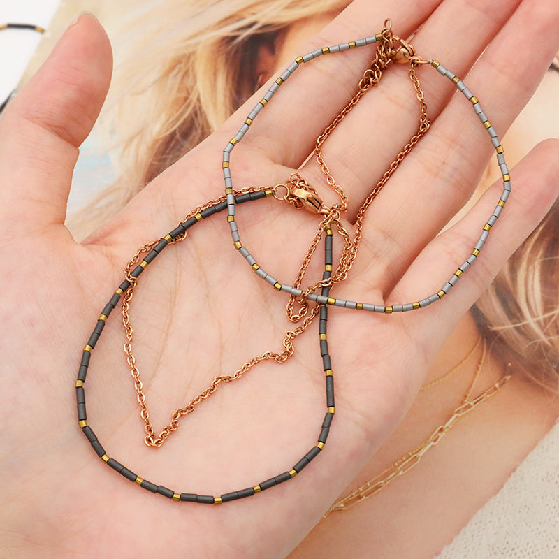 Custom Double layer Gold Plated Stainless steel chain bead Bangle bracelet Woman Handmade Natural Stone beaded Bracelet Jewelry