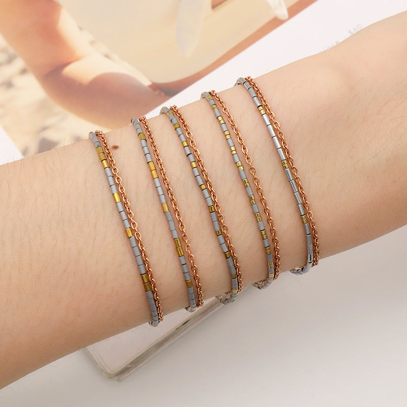 Custom Double layer Gold Plated Stainless steel chain bead Bangle bracelet Woman Handmade Natural Stone beaded Bracelet Jewelry