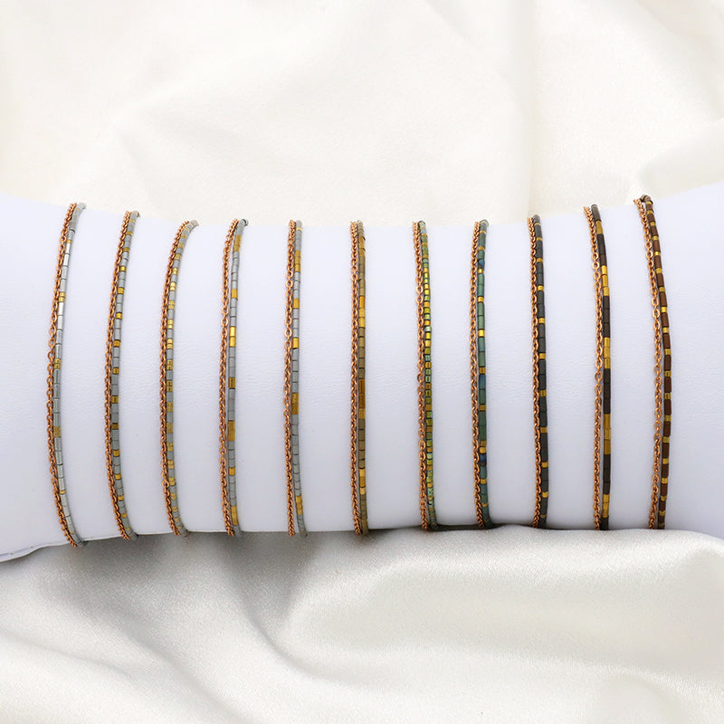 Custom Double layer Gold Plated Stainless steel chain bead Bangle bracelet Woman Handmade Natural Stone beaded Bracelet Jewelry