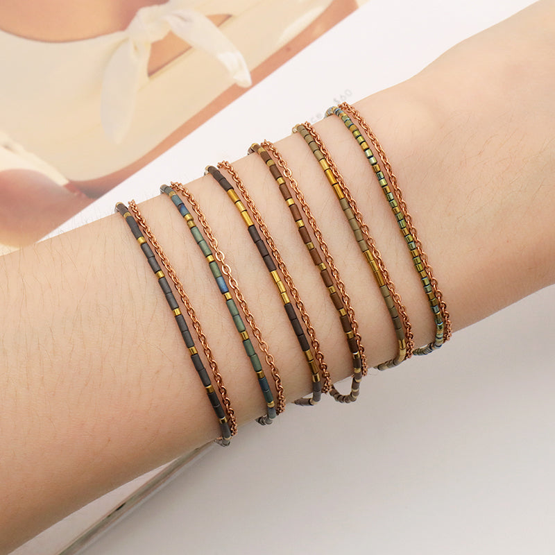 Custom Double layer Gold Plated Stainless steel chain bead Bangle bracelet Woman Handmade Natural Stone beaded Bracelet Jewelry