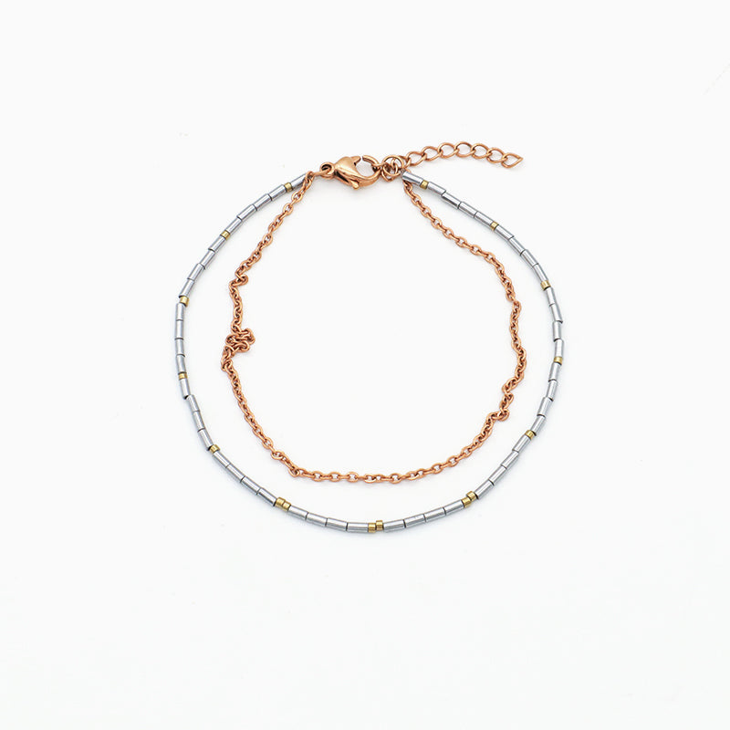 Custom Double layer Gold Plated Stainless steel chain bead Bangle bracelet Woman Handmade Natural Stone beaded Bracelet Jewelry
