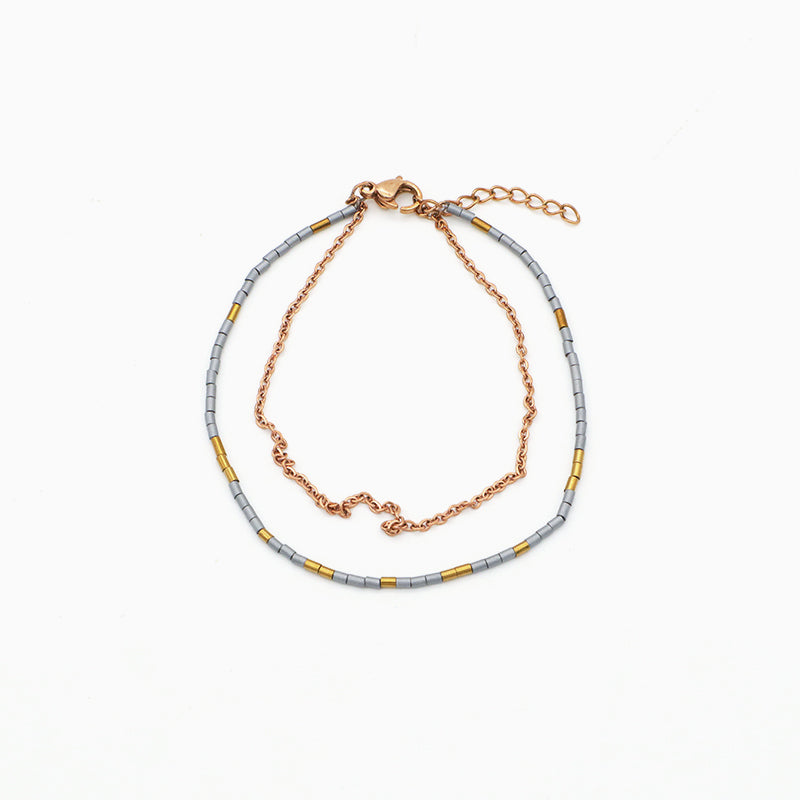 Custom Double layer Gold Plated Stainless steel chain bead Bangle bracelet Woman Handmade Natural Stone beaded Bracelet Jewelry