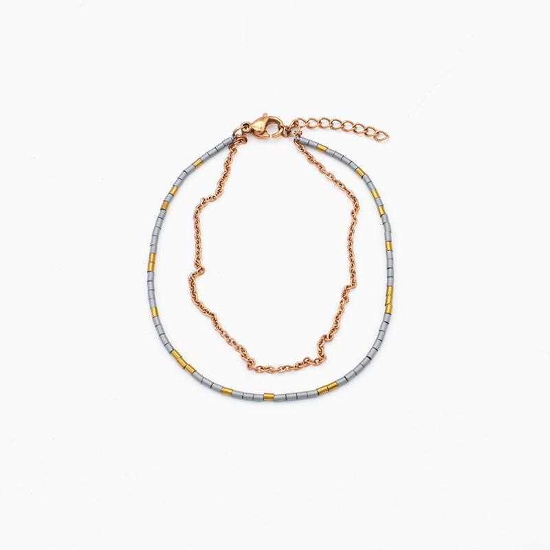 Custom Double layer Gold Plated Stainless steel chain bead Bangle bracelet Woman Handmade Natural Stone beaded Bracelet Jewelry