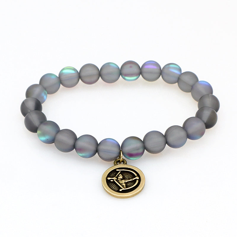 Manufacture Customized Fashion Wholesale OEM Handmade 8mm Synthetic Moonstone Beads Gold Plated Libra Sagittarius Charm Bracelet