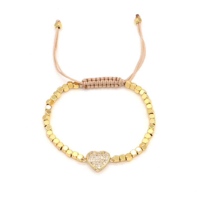 Manufacture Customized Women Jewelry OEM Handmade Gold Plated CZ Enamel Heart Charm 3mm Brass Square beaded bracelet