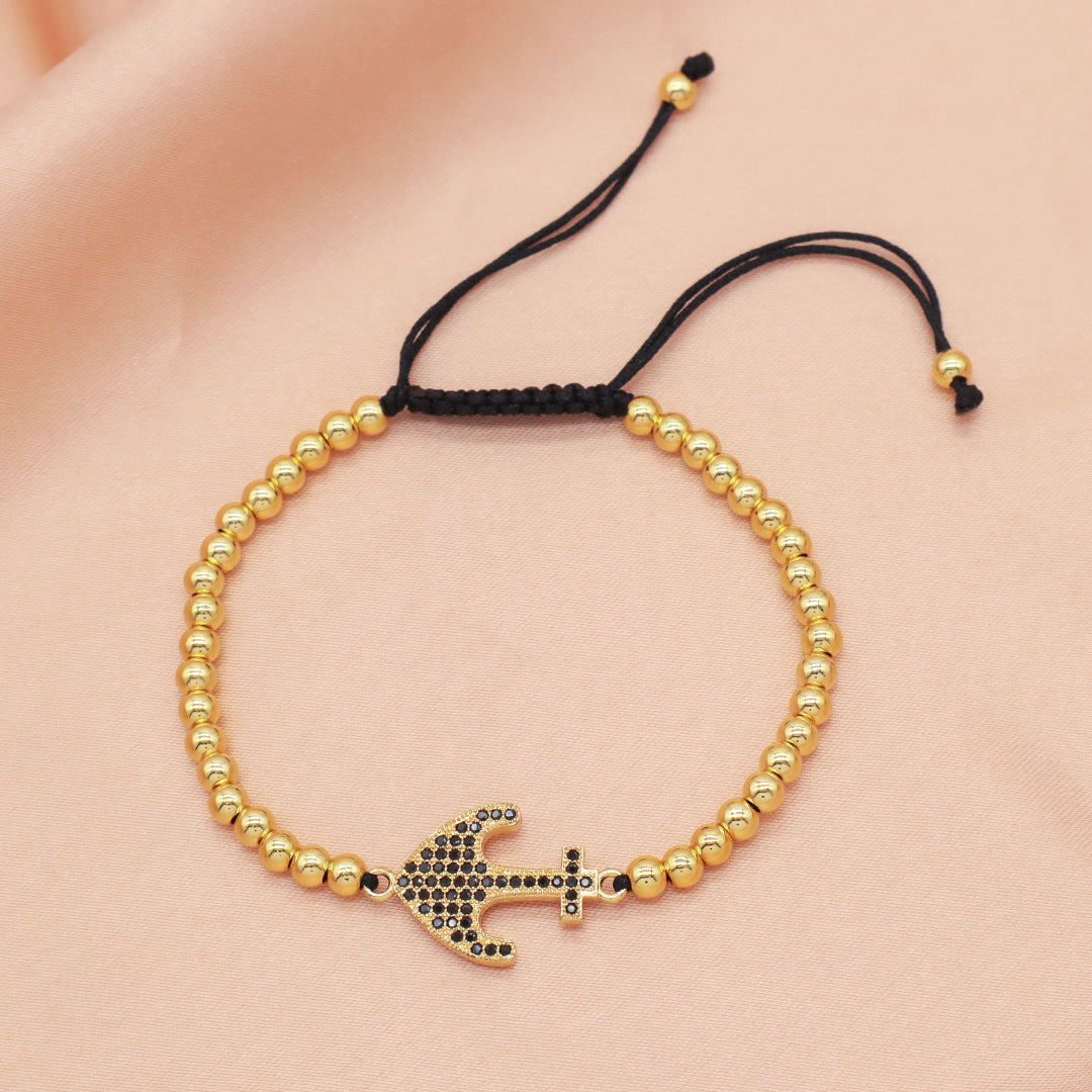 4mm Brass Beads Adjustable Woven Bracelet Manufacture Customized Women OEM Handmade gold filled CZ anchor Charm beaded bracelet