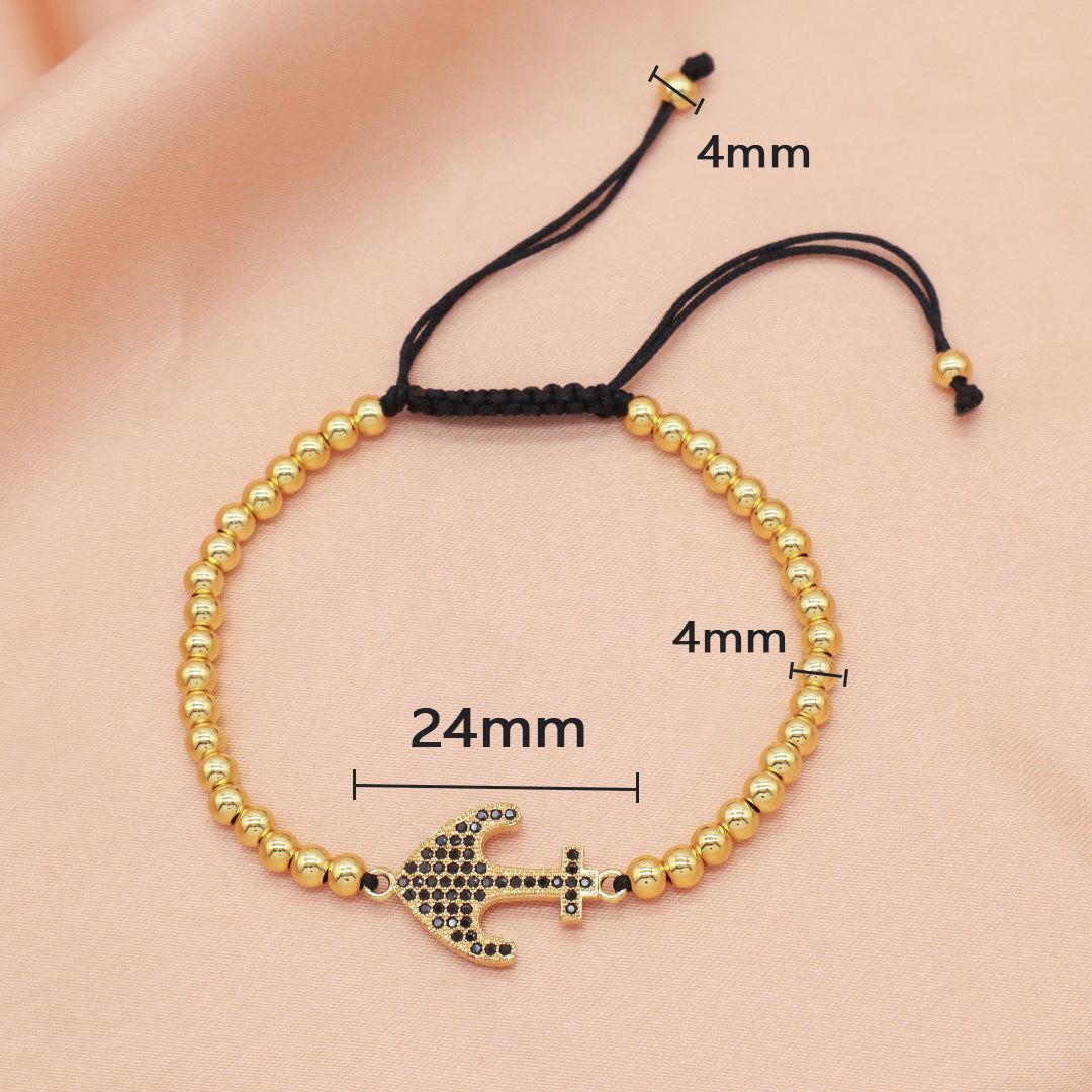 4mm Brass Beads Adjustable Woven Bracelet Manufacture Customized Women OEM Handmade gold filled CZ anchor Charm beaded bracelet