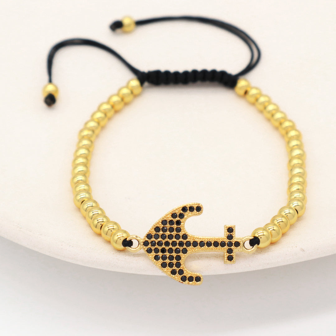 4mm Brass Beads Adjustable Woven Bracelet Manufacture Customized Women OEM Handmade gold filled CZ anchor Charm beaded bracelet