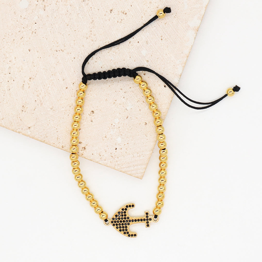 4mm Brass Beads Adjustable Woven Bracelet Manufacture Customized Women OEM Handmade gold filled CZ anchor Charm beaded bracelet