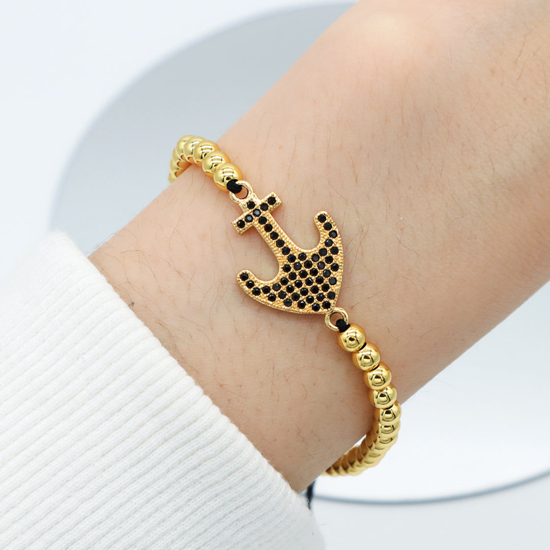4mm Brass Beads Adjustable Woven Bracelet Manufacture Customized Women OEM Handmade gold filled CZ anchor Charm beaded bracelet