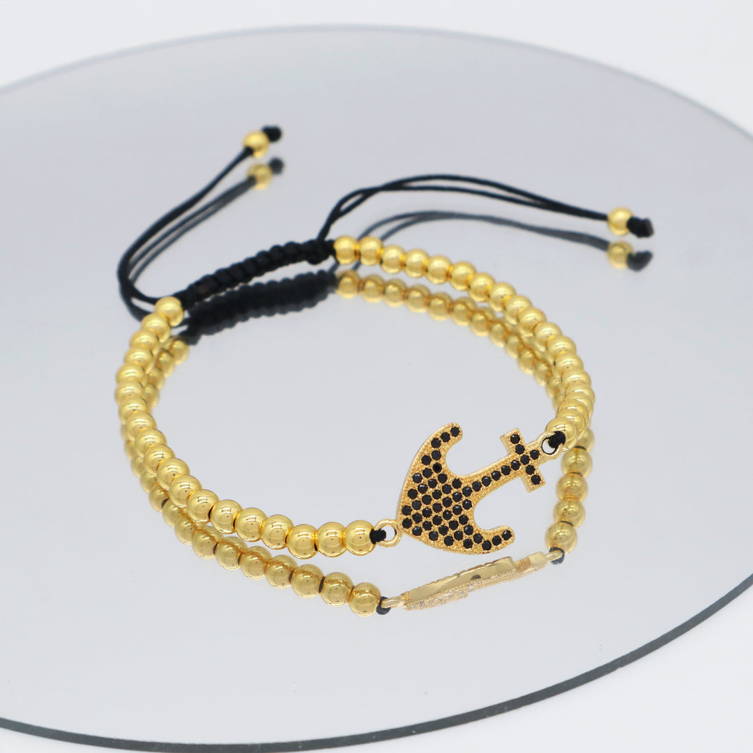 4mm Brass Beads Adjustable Woven Bracelet Manufacture Customized Women OEM Handmade gold filled CZ anchor Charm beaded bracelet