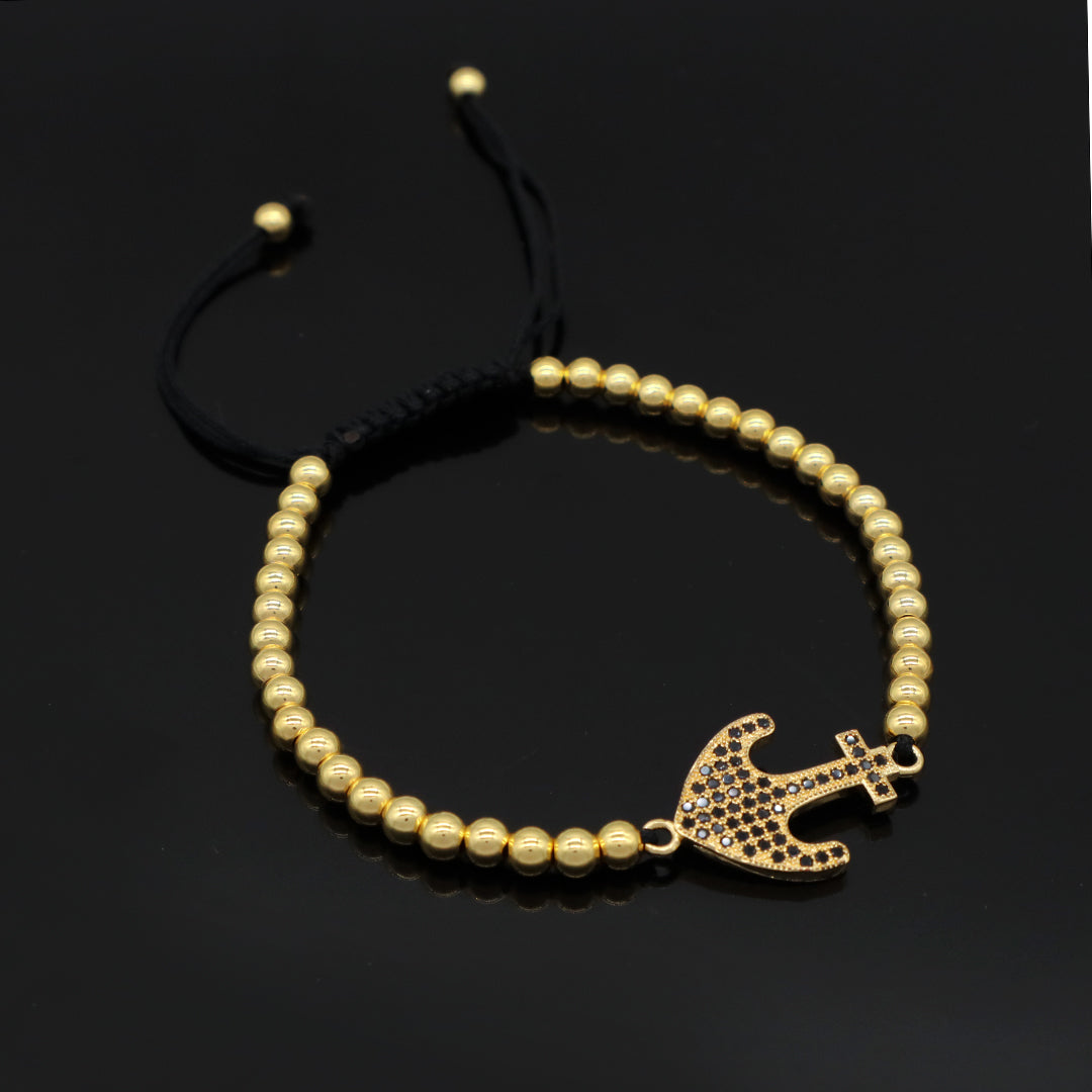 4mm Brass Beads Adjustable Woven Bracelet Manufacture Customized Women OEM Handmade gold filled CZ anchor Charm beaded bracelet