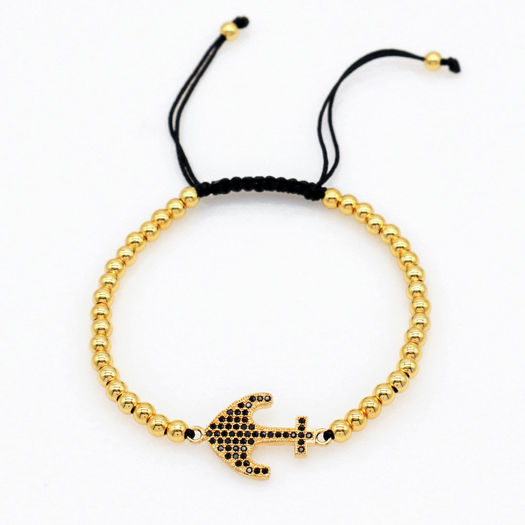 4mm Brass Beads Adjustable Woven Bracelet Manufacture Customized Women OEM Handmade gold filled CZ anchor Charm beaded bracelet