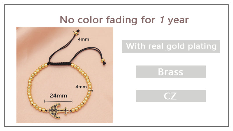 4mm Brass Beads Adjustable Woven Bracelet Manufacture Customized Women OEM Handmade gold filled CZ anchor Charm beaded bracelet
