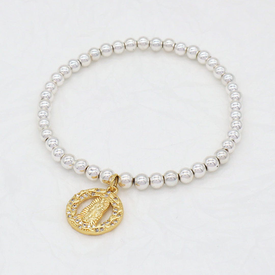 Factory Wholesale Custom Diy Silver Plated CZ Holy Light Religion Virgin Mary Charm 4mm Natural Stone beads Bracelet for Women