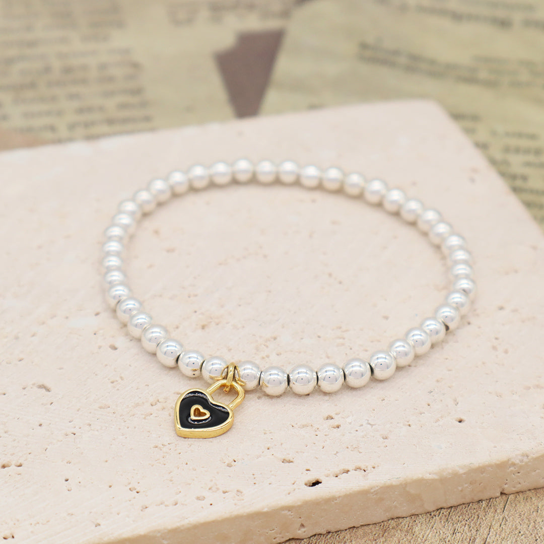 Diy Wholesale OEM Handmade Custom Silver Plated 4mm Natural Stone Beads Enamel Love Heart Charm Bracelets For Women Girl Gift