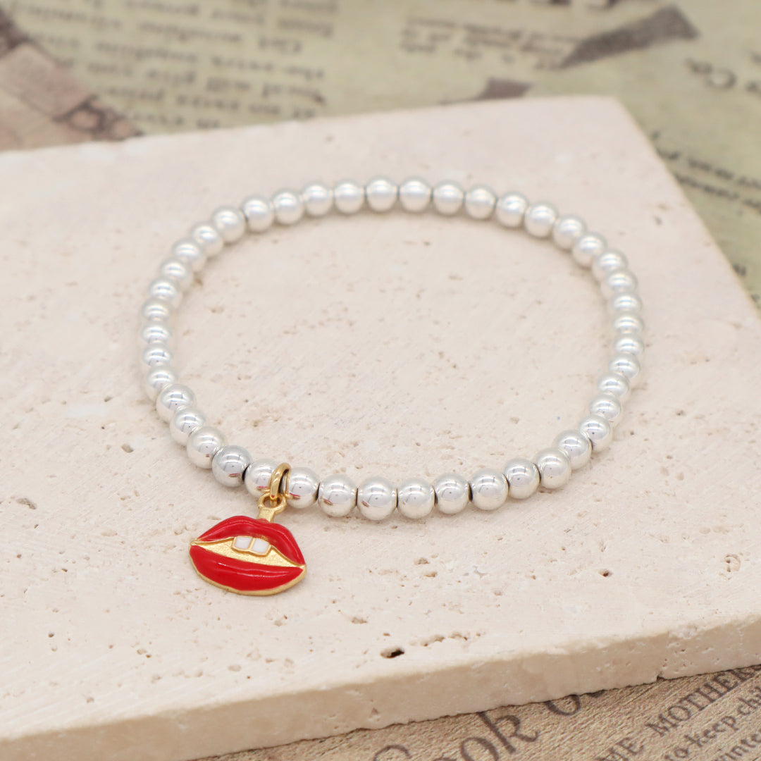 Custom Women OEM Handmade Diy Wholesale Gift CZ Red Enamel Moon Star Lip Charm Silver Plated 4mm Natural Stone Beaded Bracelets
