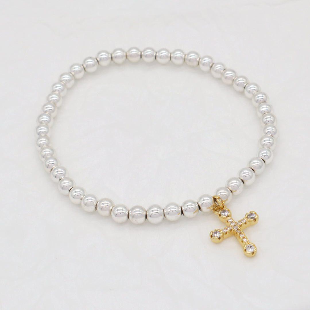 Wholesale Customized OEM Diy Handmade CZ Cross Charm Silver Plated 4mm Natural Stone Cross Beads Bracelets For Women Girl Gift