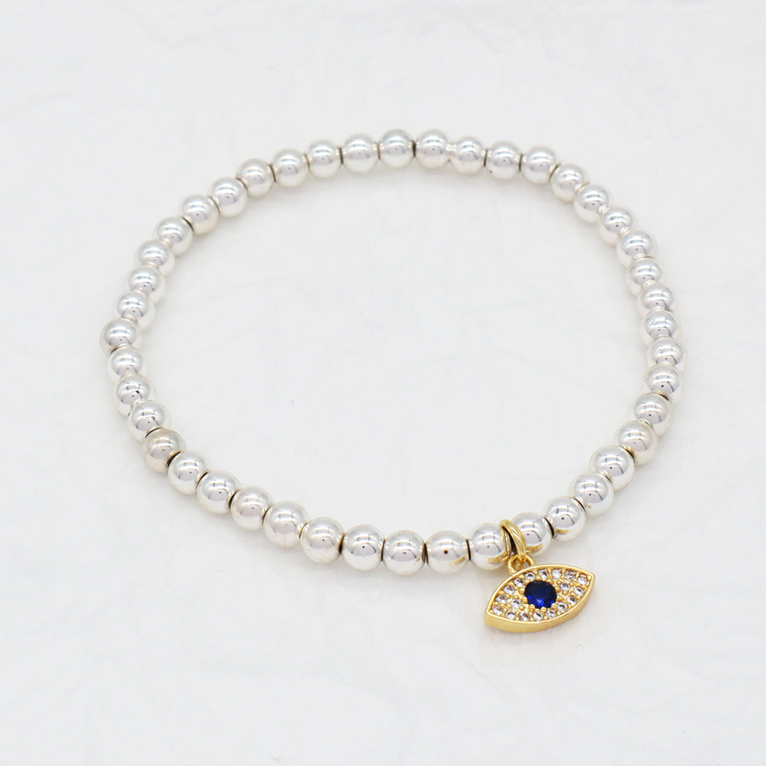 Diy Factory Wholesale Custom Handmade CZ Turkish Evil Eyes Charm Silver Plated 4mm Natural Stone beaded Bracelet for Women Girl