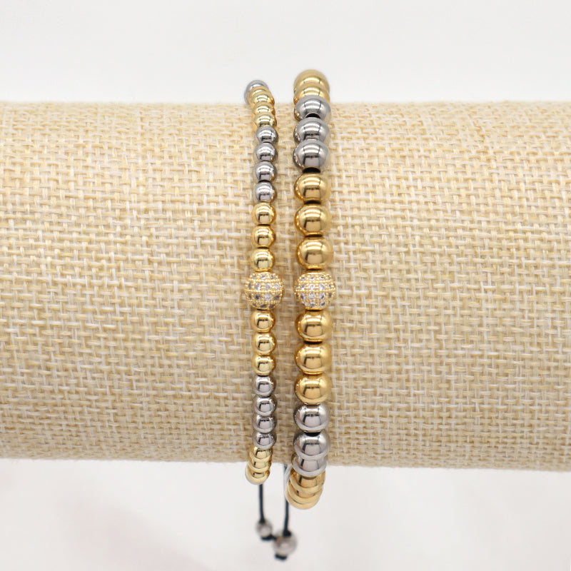 4mm 6mm Gold Plated CZ Ball Customized Braided Cord Handmade Adjustable Macrame Stainless Steel Beaded Bracelet For Men Women