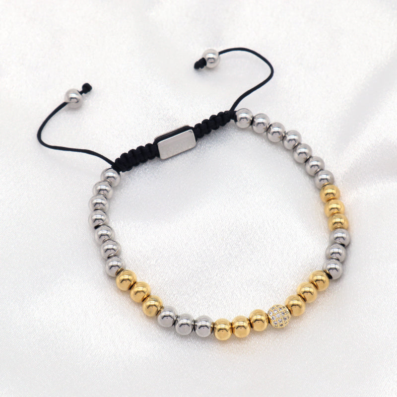4mm 6mm Gold Plated CZ Ball Customized Braided Cord Handmade Adjustable Macrame Stainless Steel Beaded Bracelet For Men Women