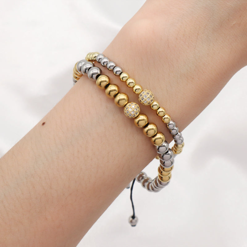 4mm 6mm Gold Plated CZ Ball Customized Braided Cord Handmade Adjustable Macrame Stainless Steel Beaded Bracelet For Men Women