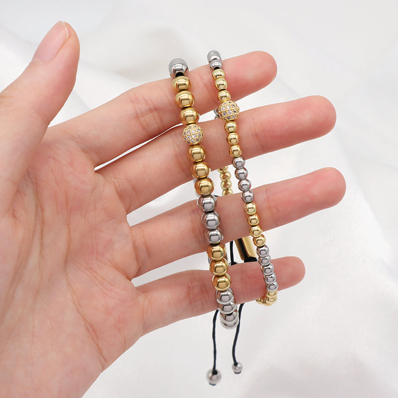 4mm 6mm Gold Plated CZ Ball Customized Braided Cord Handmade Adjustable Macrame Stainless Steel Beaded Bracelet For Men Women