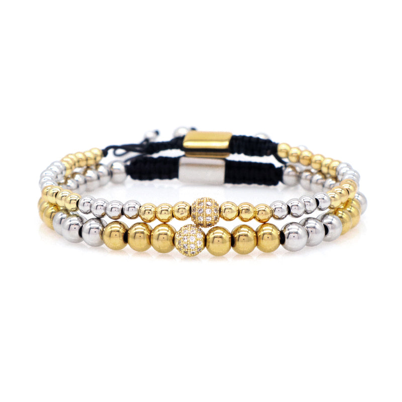 4mm 6mm Gold Plated CZ Ball Customized Braided Cord Handmade Adjustable Macrame Stainless Steel Beaded Bracelet For Men Women