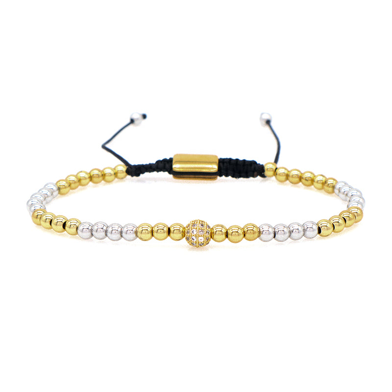 4mm 6mm Gold Plated CZ Ball Customized Braided Cord Handmade Adjustable Macrame Stainless Steel Beaded Bracelet For Men Women